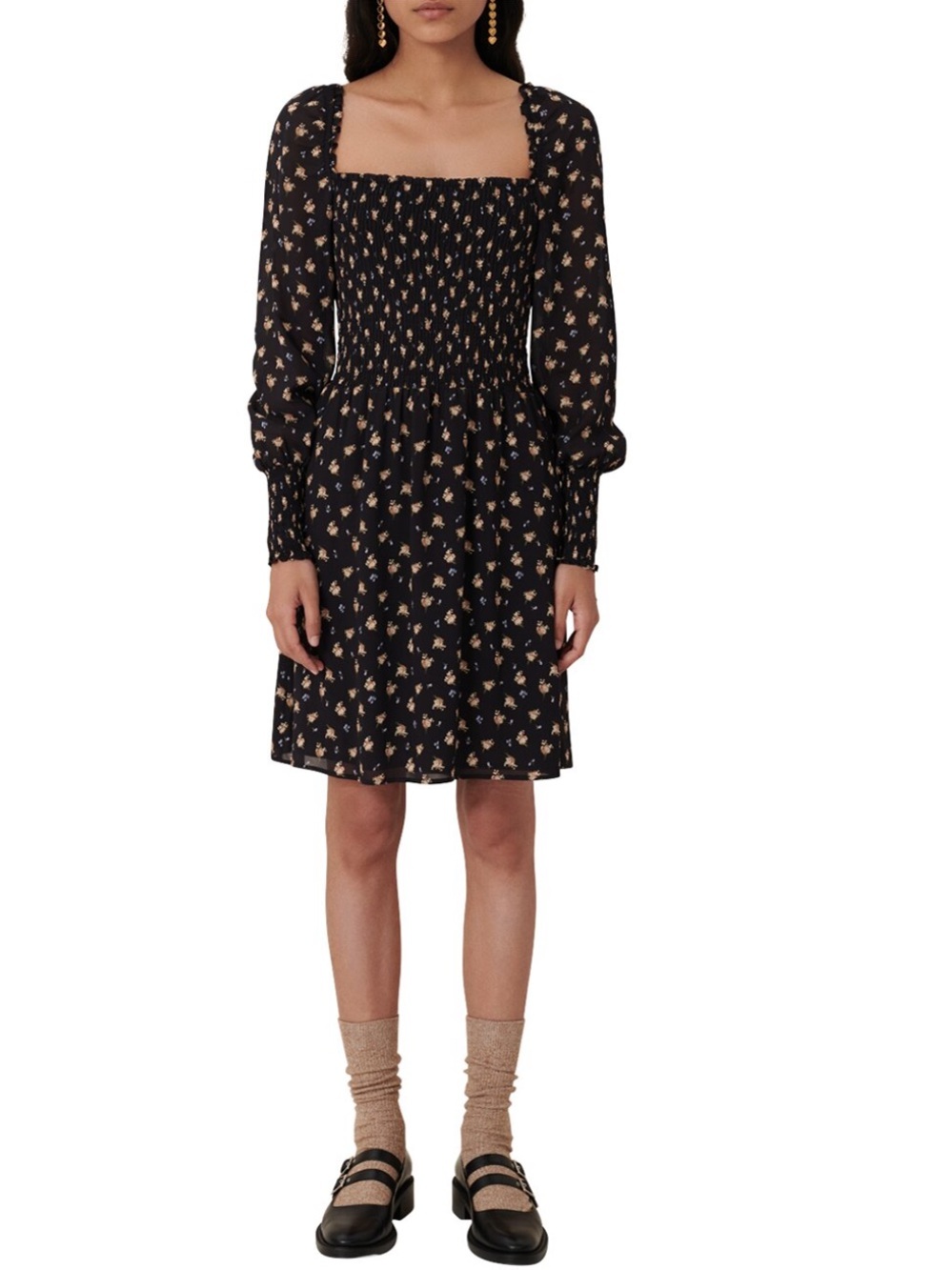 Maje Paris Black Ditsy Floral Smocked Square Neck Long Sleeve Mini Dress small